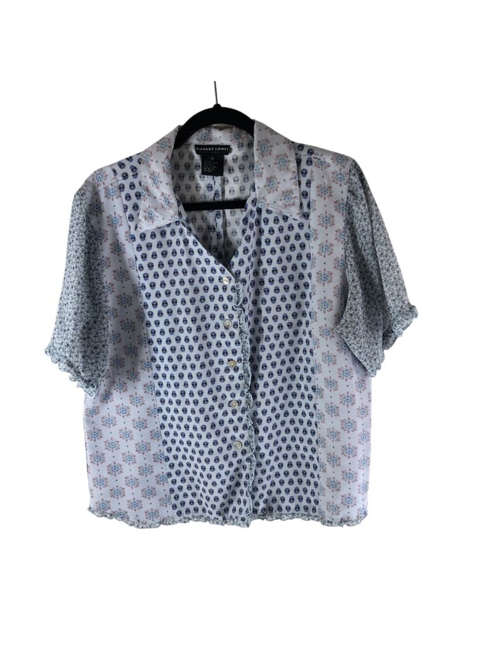 Robert Louis Vintage Blouse Silk Blend Patchwork Floral Geometric Blue Purple XL
